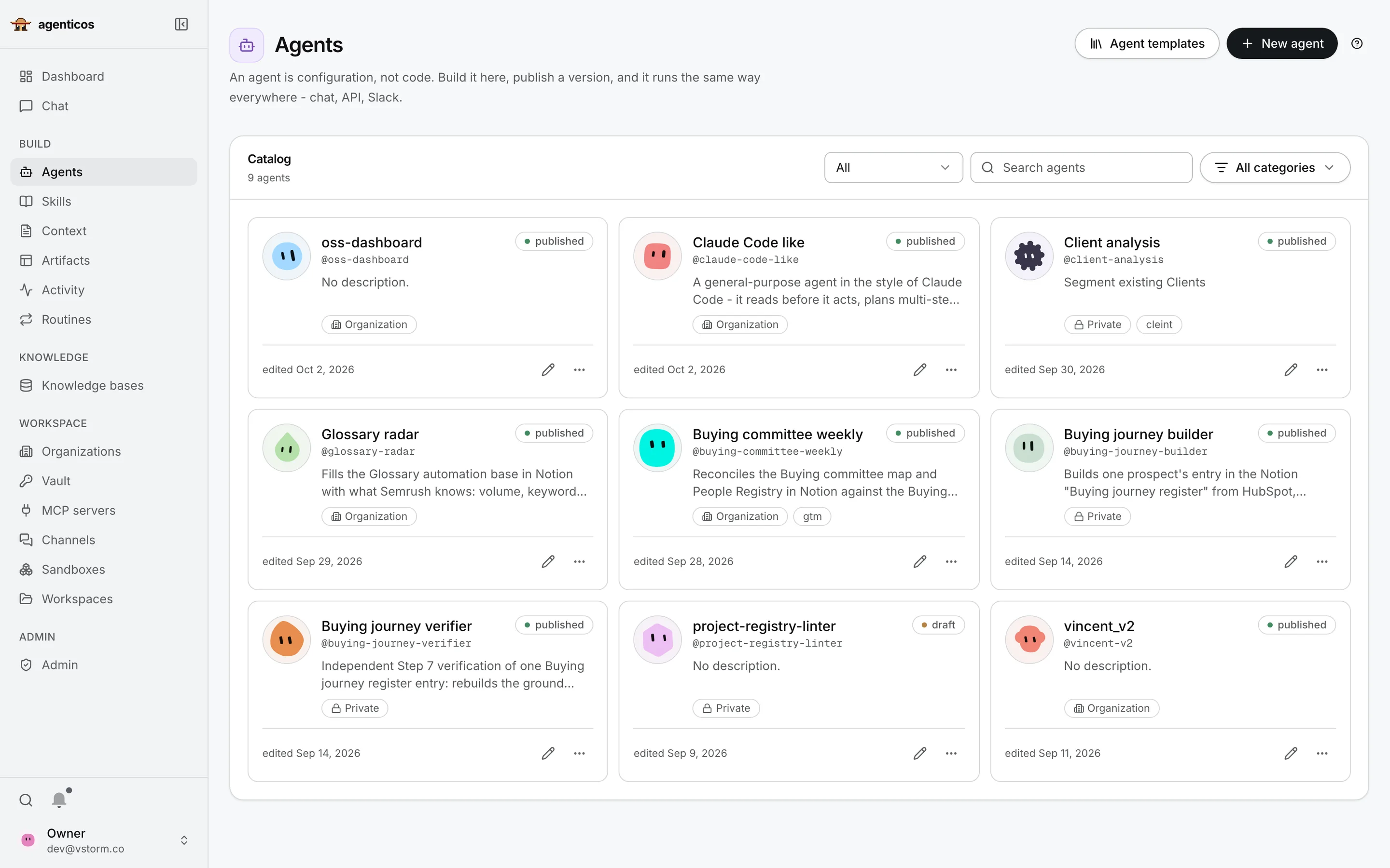 Agent catalog with nine agents, their descriptions, visibility and published state.
