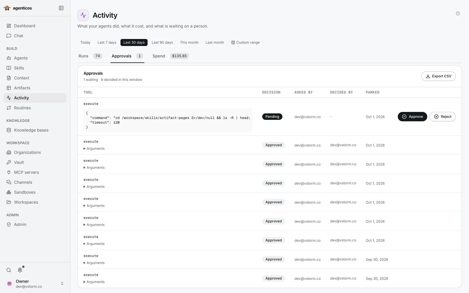 Approvals list: a pending shell command with its arguments and Approve and Reject buttons, and earlier approved calls.