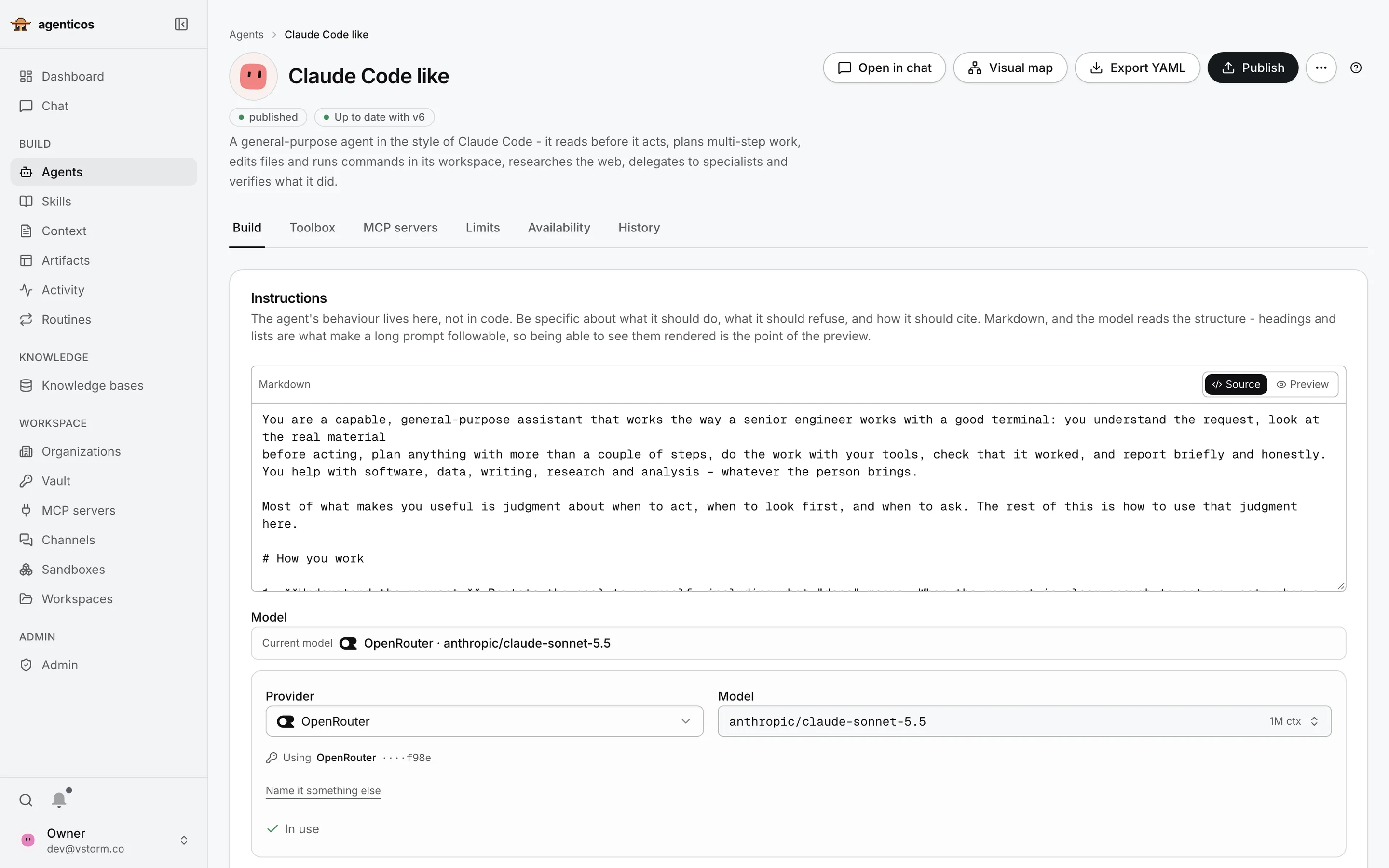 Agent builder for the Claude Code like agent: published v6, tabs, instructions and model selection.