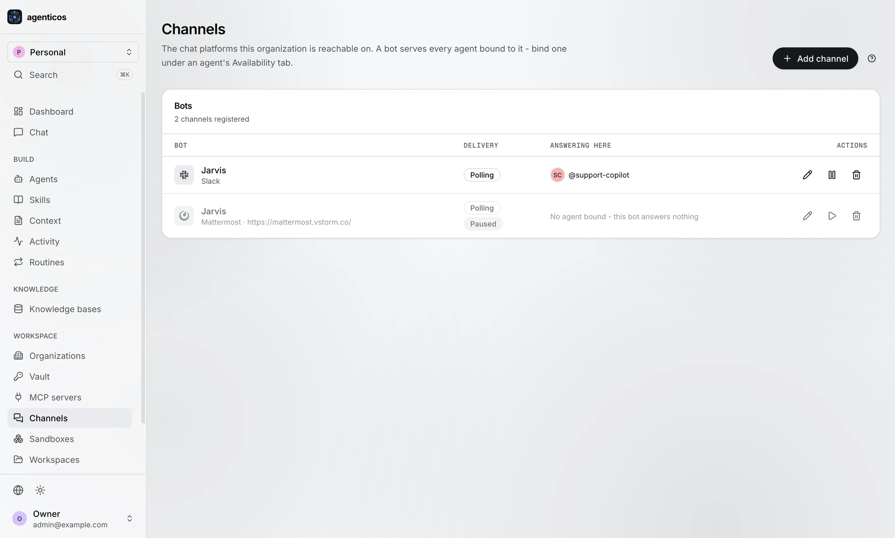 Channels page with bots registered for Slack and Mattermost.