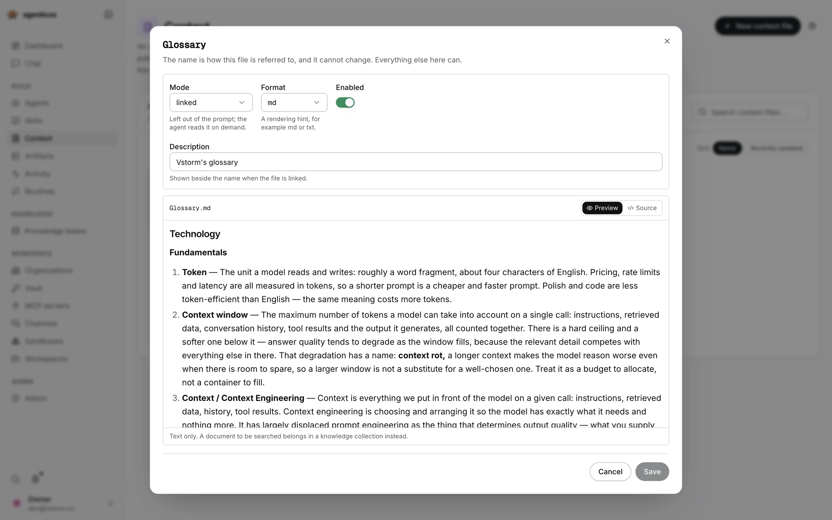 Glossary context file open in preview, linked for on-demand reading.