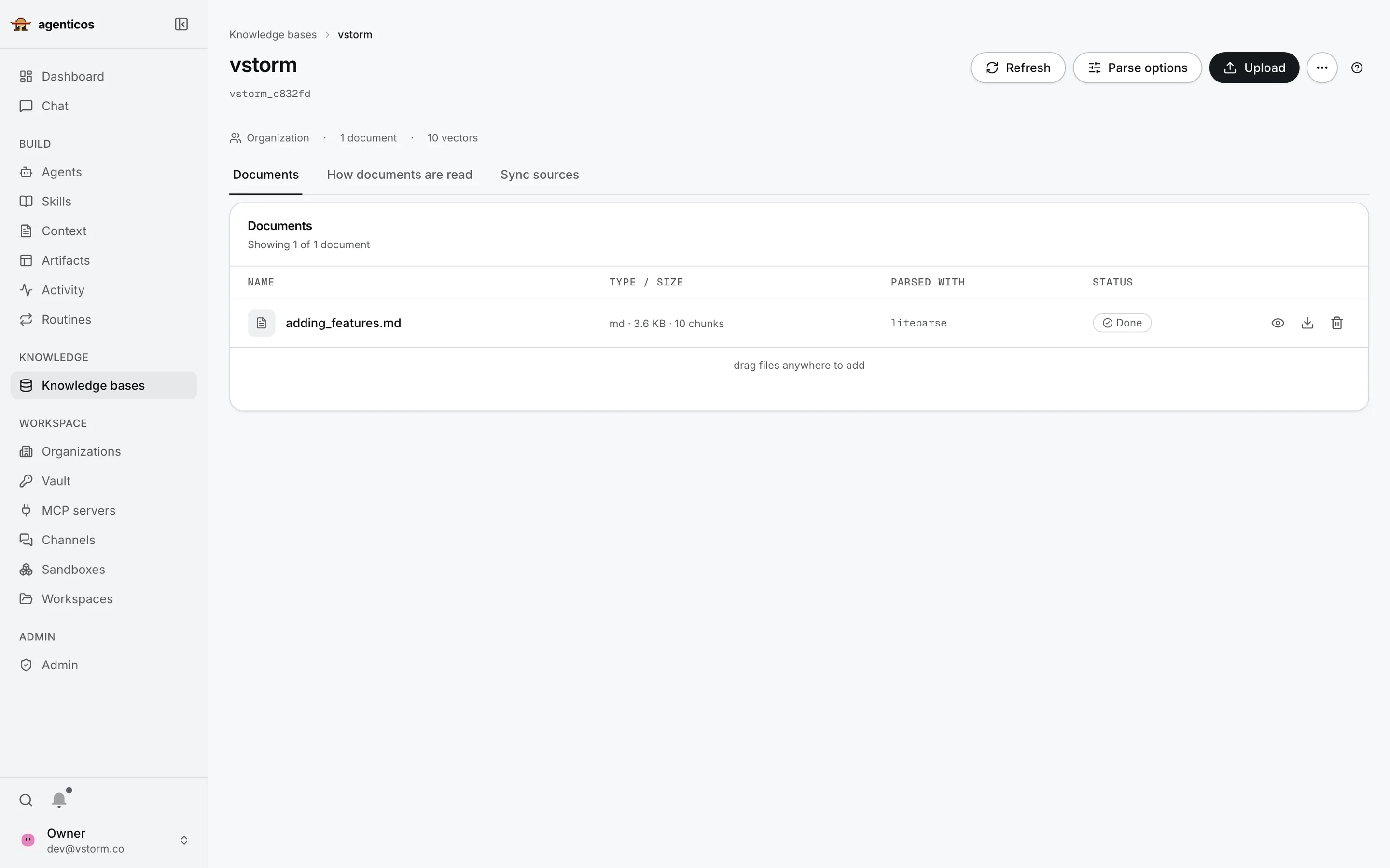 A knowledge collection with one indexed document, parsed with LiteParse, status done.