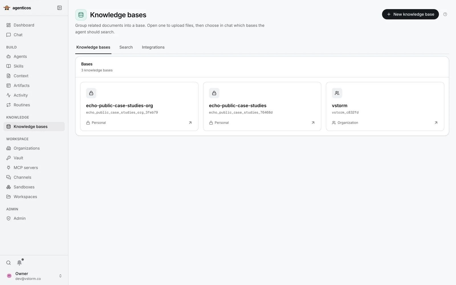 Knowledge bases page listing three bases with their visibility.