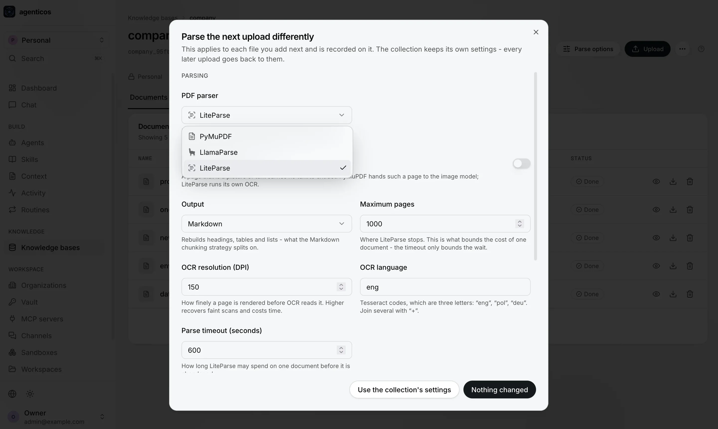 Dialog to parse the next upload differently: PDF parser choice of PyMuPDF, LlamaParse or LiteParse, output, OCR and limits.