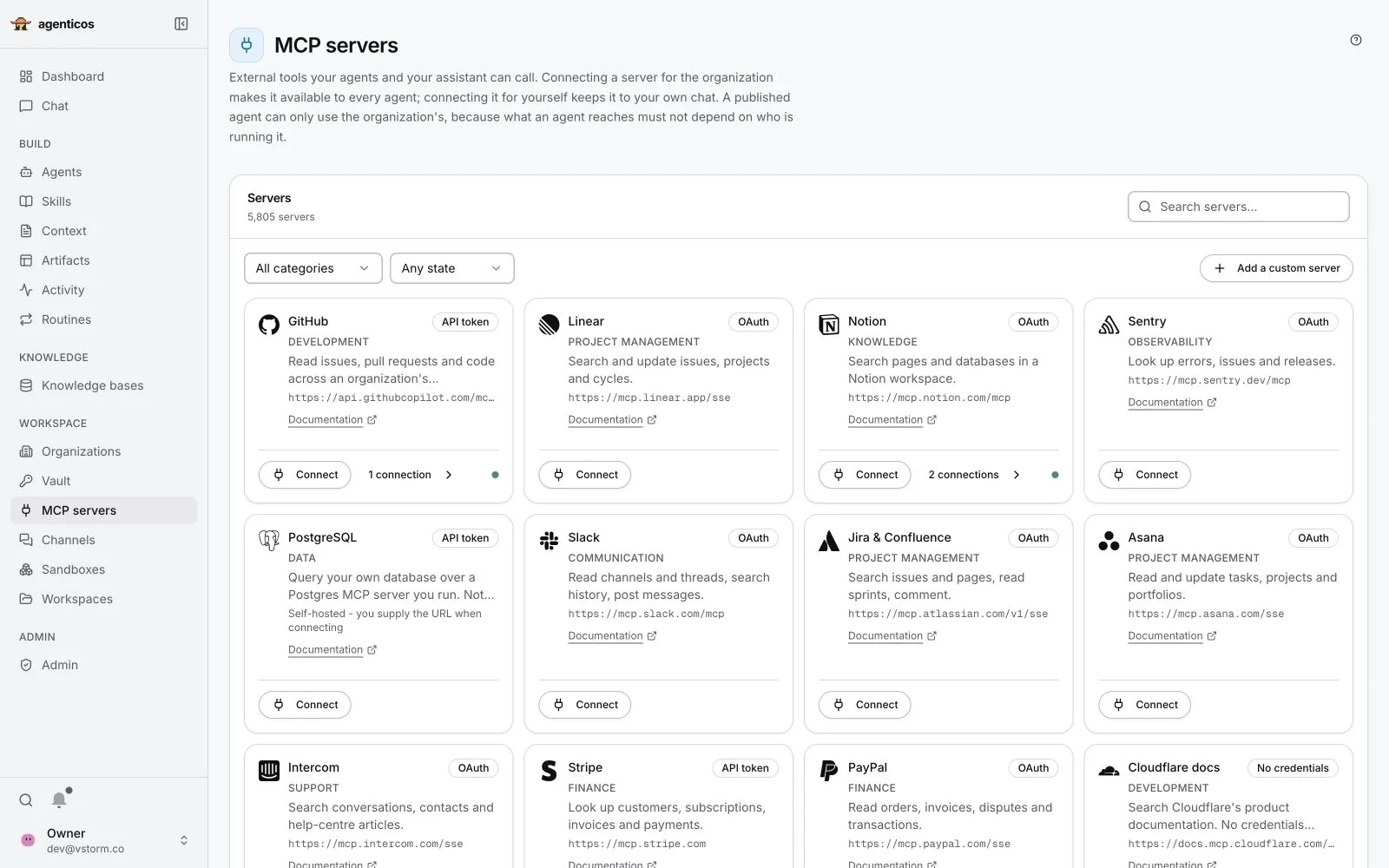 MCP servers catalogue with GitHub, Linear, Notion, Sentry, PostgreSQL, Slack, Jira and Confluence, Asana and more.
