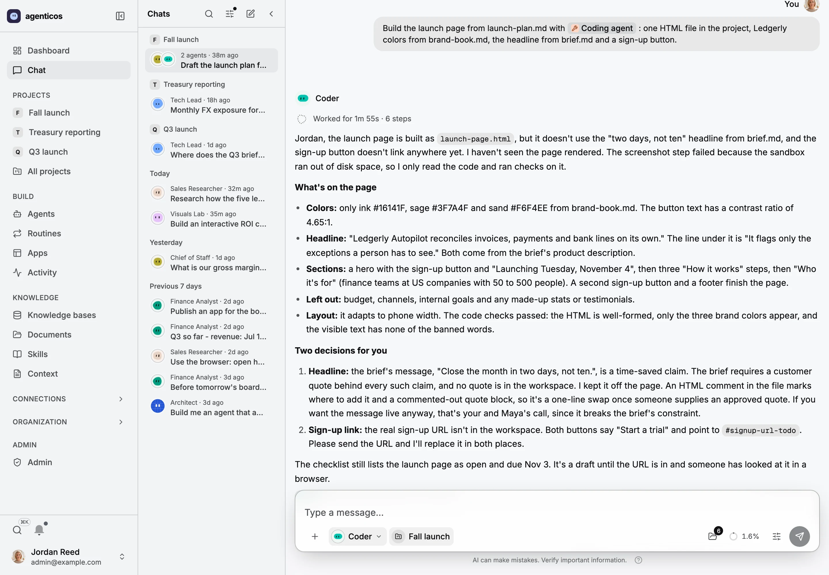 In the same project chat, Jordan Reed asks the Coder agent to build the launch page with the coding agent; Codex builds it and the agent reports what is on the page and two decisions for the team.