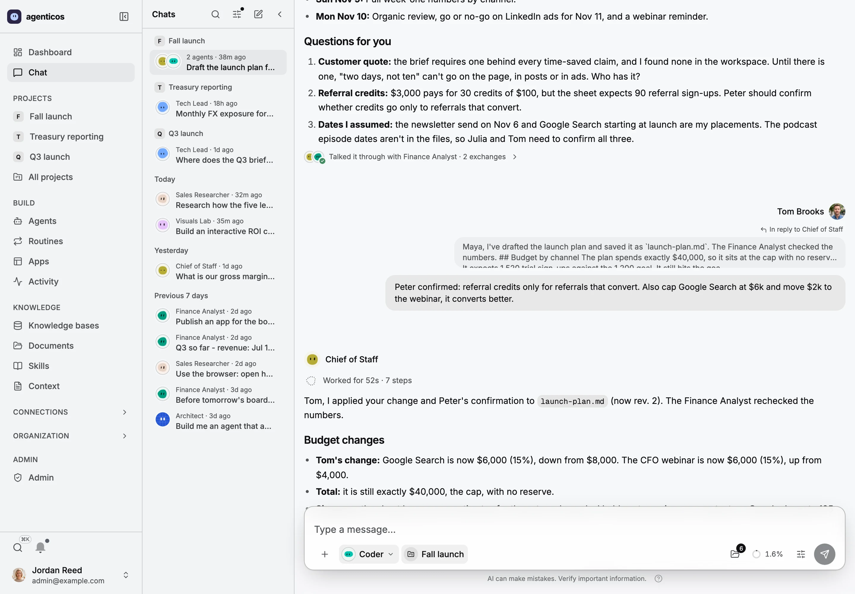 A project chat for the Fall launch: the Chief of Staff's plan with questions for the team, Tom Brooks replying with a budget change, and the agent applying it.