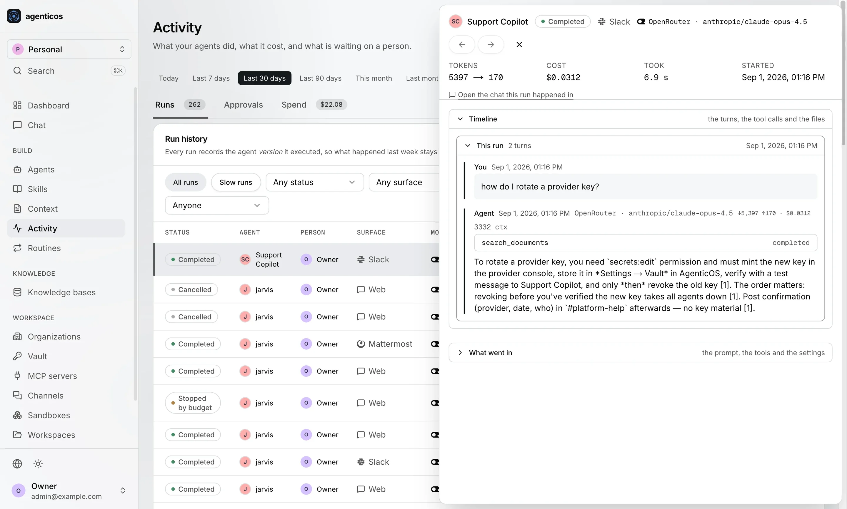 Activity run history with a run detail panel: tokens, cost, duration, the conversation and the tool call.