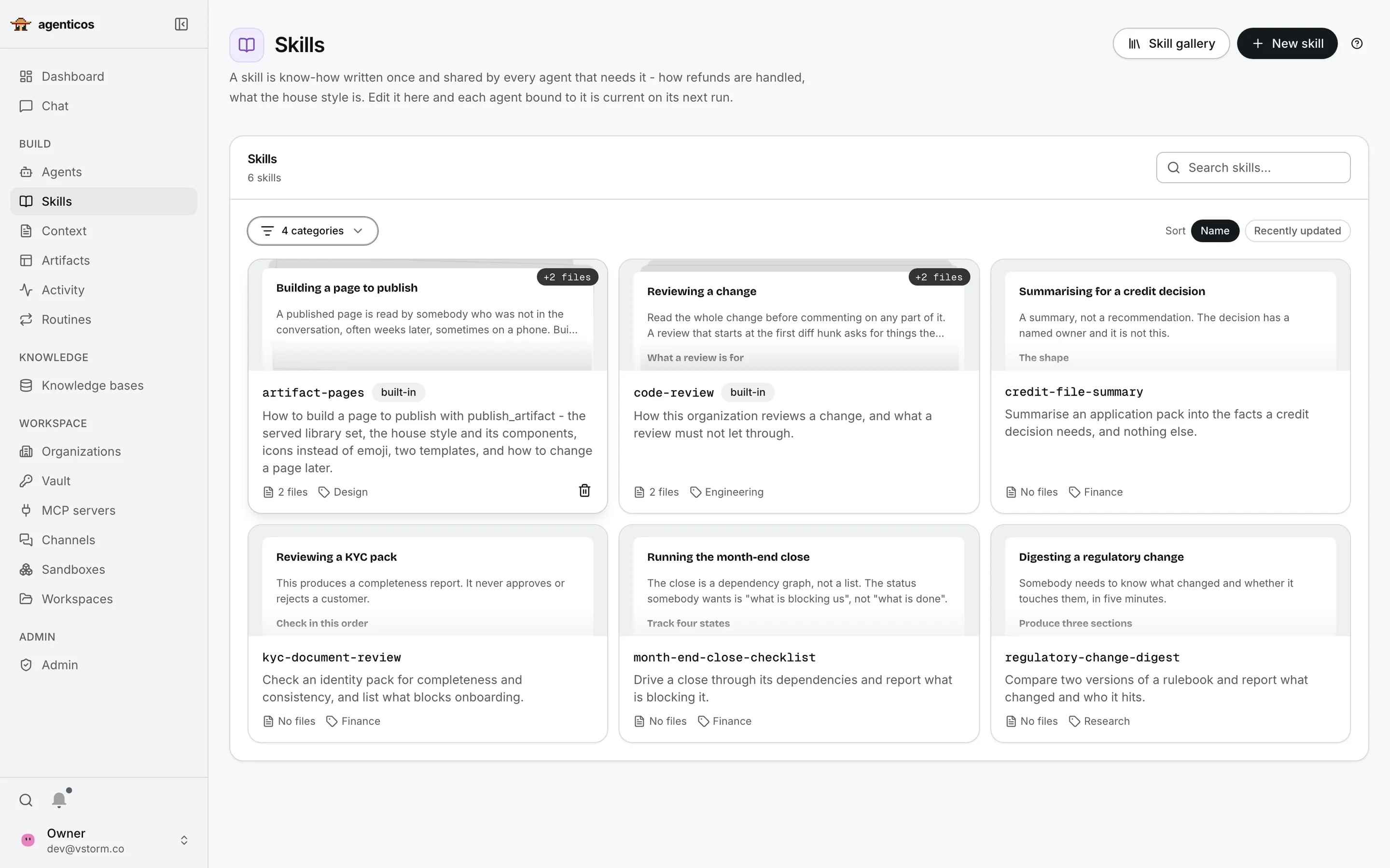 Skills library with six skills across Design, Engineering, Finance and Research.