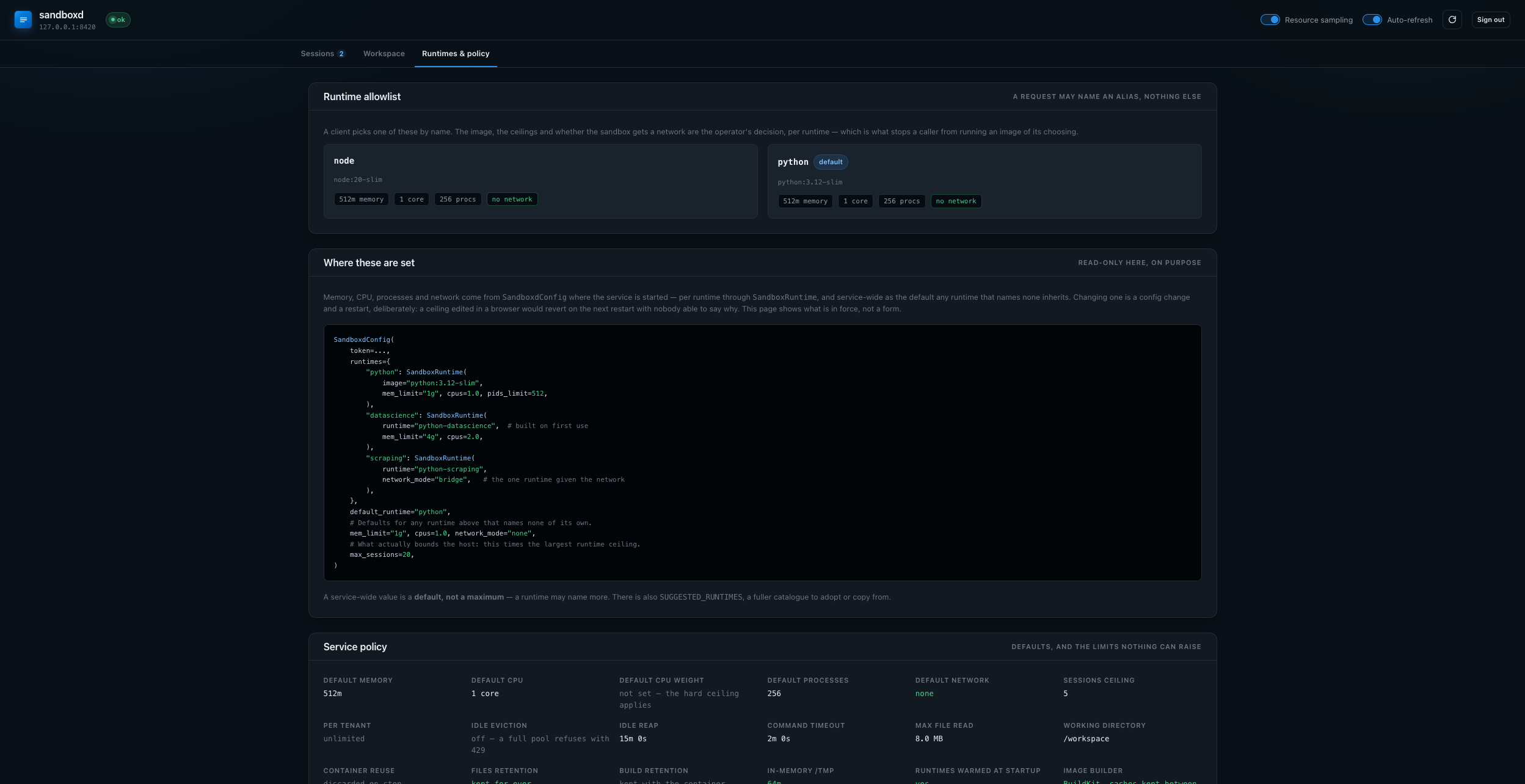sandboxd dashboard, runtimes and policy view