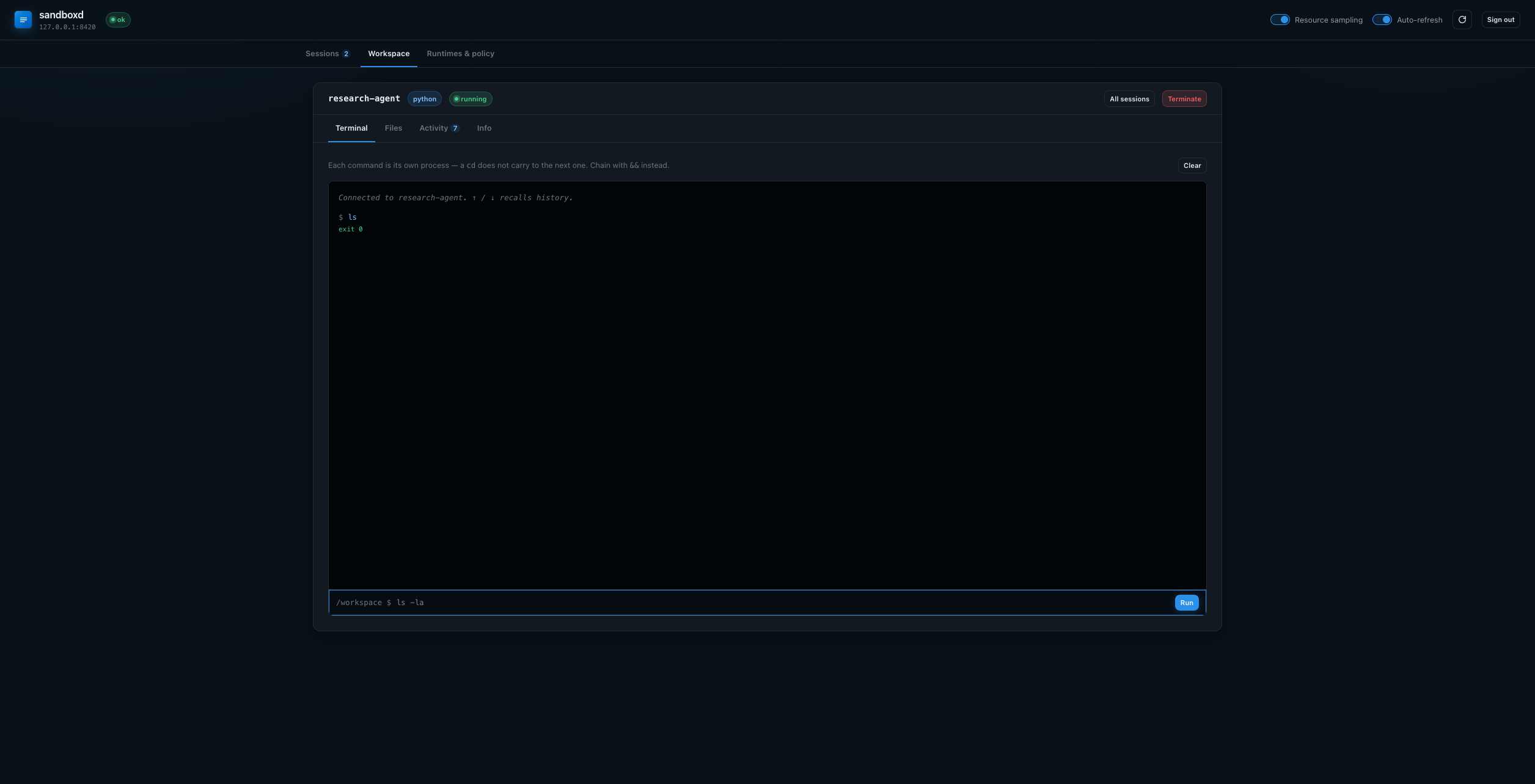 sandboxd dashboard, workspace view with the terminal