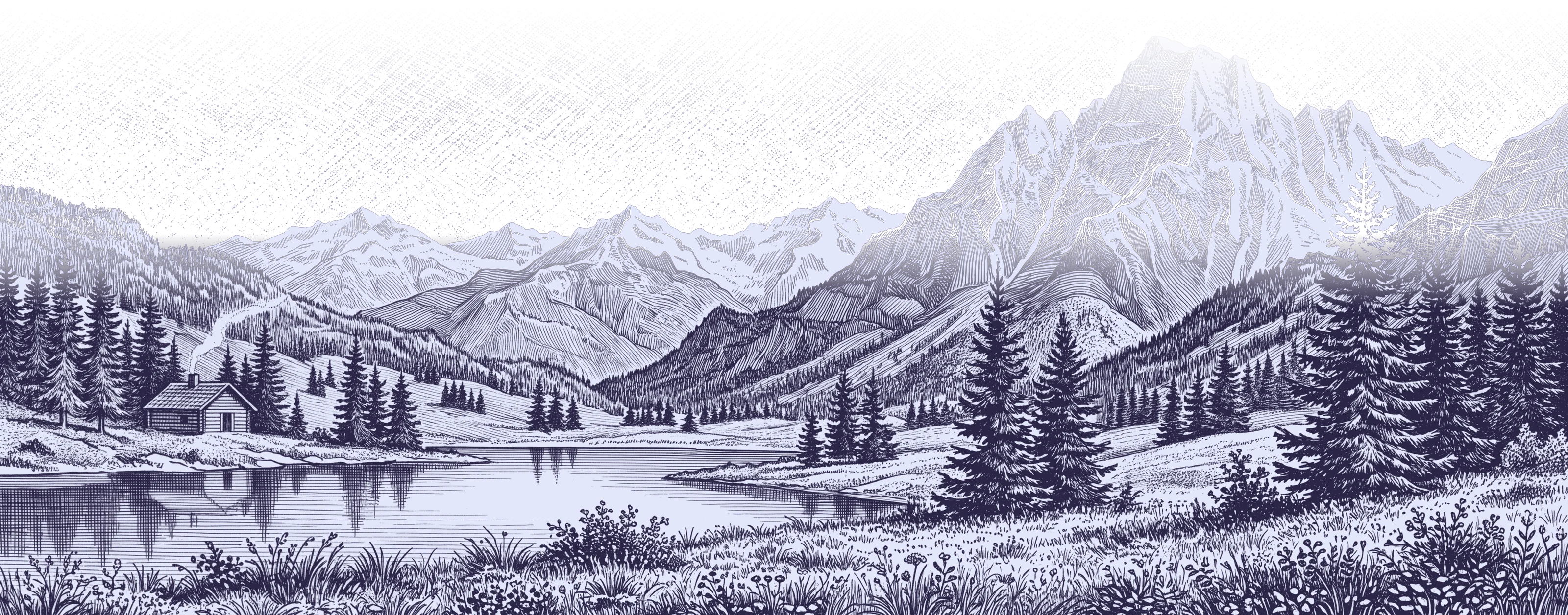 An engraving of a pine valley: a cabin beside a mountain lake under high peaks
