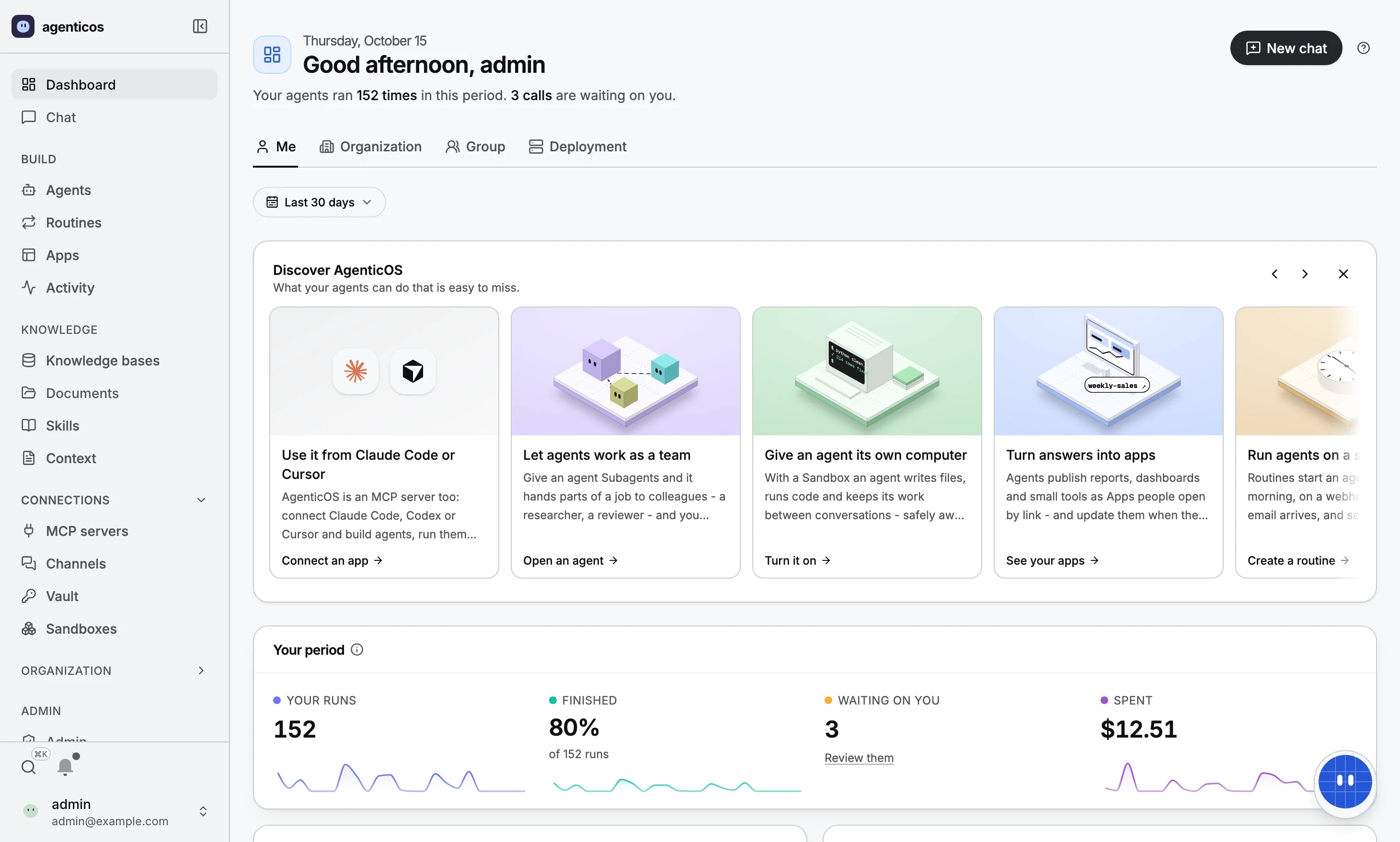 The AgenticOS dashboard: a greeting, a carousel of what agents can do, this period’s runs, completion, decisions waiting and spend
